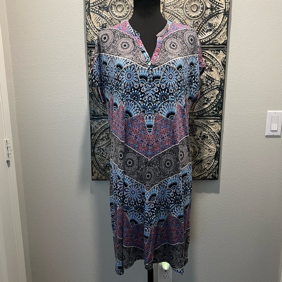 DANA BUCHMAN Dress Print Shift Black Red V-Neck Button Stretch XL - Picture 8 of 11